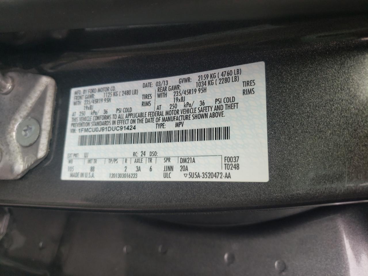 Photo 10 from auction – 2013 FORD ESCAPE TIT with VIN 1FMCU0J91DUC91424