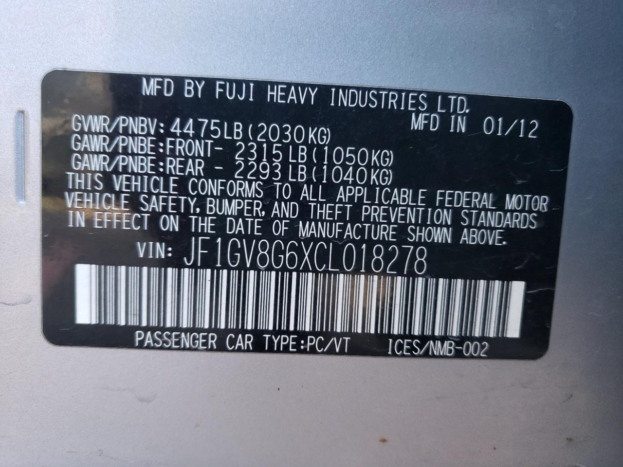 Photo 10 from auction – 2012 SUBARU IMPREZA SE with VIN JF1GV8G6XCL018278