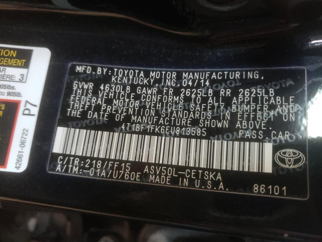 Photo 10 from auction – 2014 TOYOTA CAMRY L with VIN 4T1BF1FK6EU813585