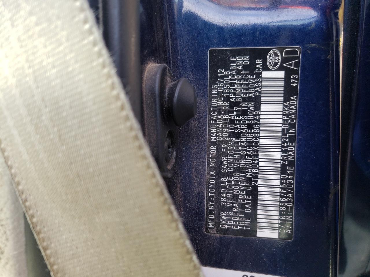 Photo 10 from auction – 2012 TOYOTA COROLLA BA with VIN 2T1BU4EEXCC886749