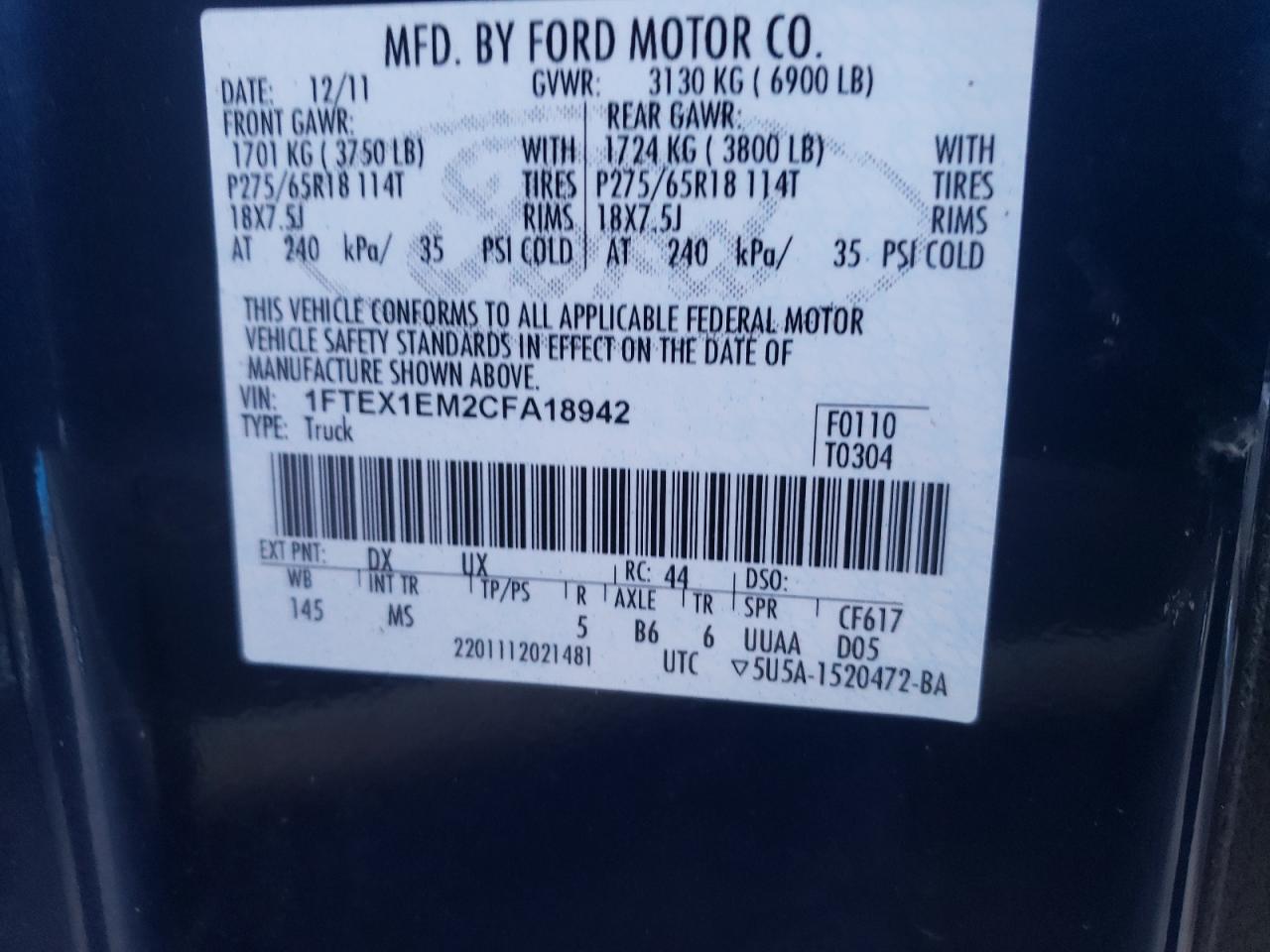 Foto 10 de la subasta – 2012 FORD F150 SUPER con VIN 1FTEX1EM2CFA18942