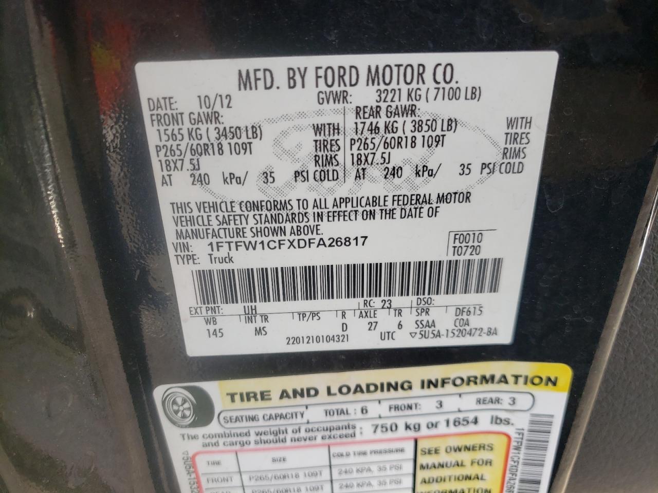 Photo 10 from auction – 2013 FORD F150 SUPER with VIN 1FTFW1CFXDFA26817