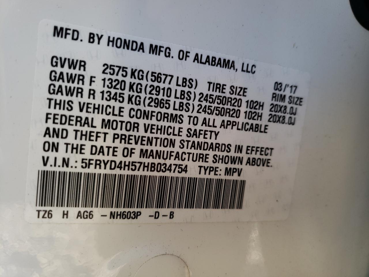 Photo 10 from auction – 2017 ACURA MDX TECHNO with VIN 5FRYD4H57HB034754