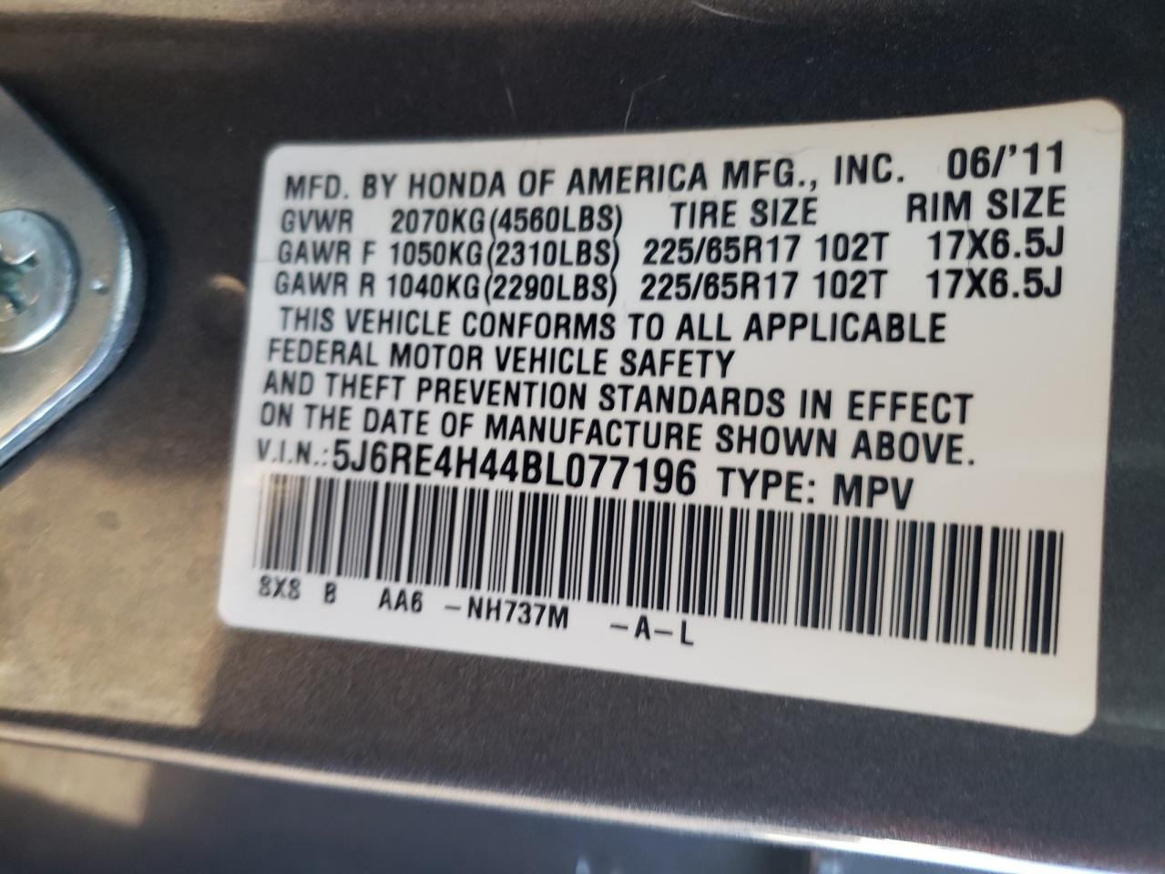 Photo 10 from auction – 2011 HONDA CR-V SE with VIN 5J6RE4H44BL077196
