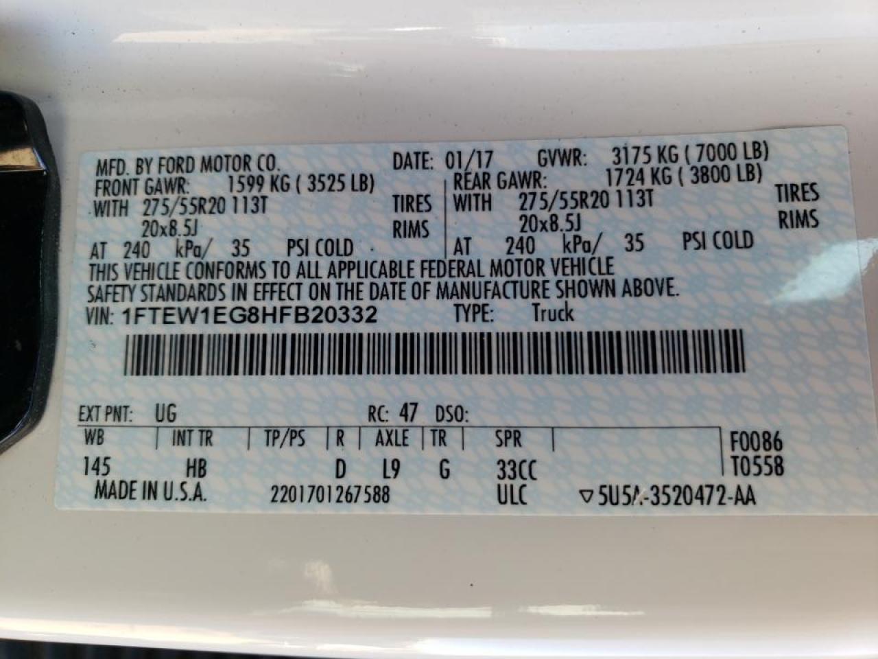 Photo 10 from auction – 2017 FORD F150 SUPER with VIN 1FTEW1EG8HFB20332