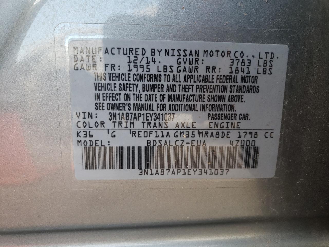Photo 10 from auction – 2014 NISSAN SENTRA S with VIN 3N1AB7AP1EY341037