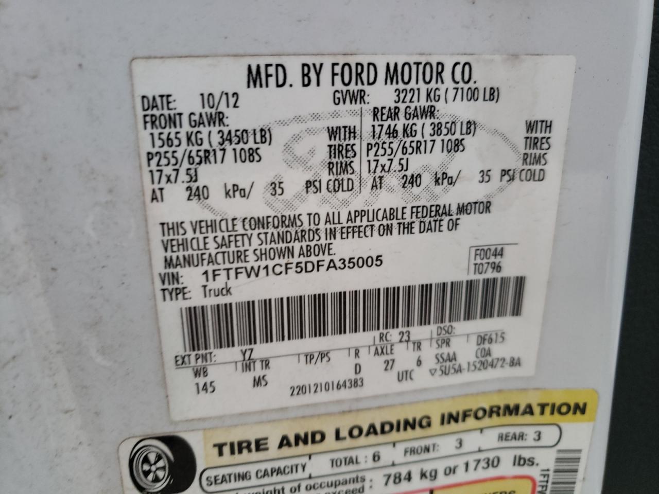 Photo 10 from auction – 2013 FORD F150 SUPER with VIN 1FTFW1CF5DFA35005