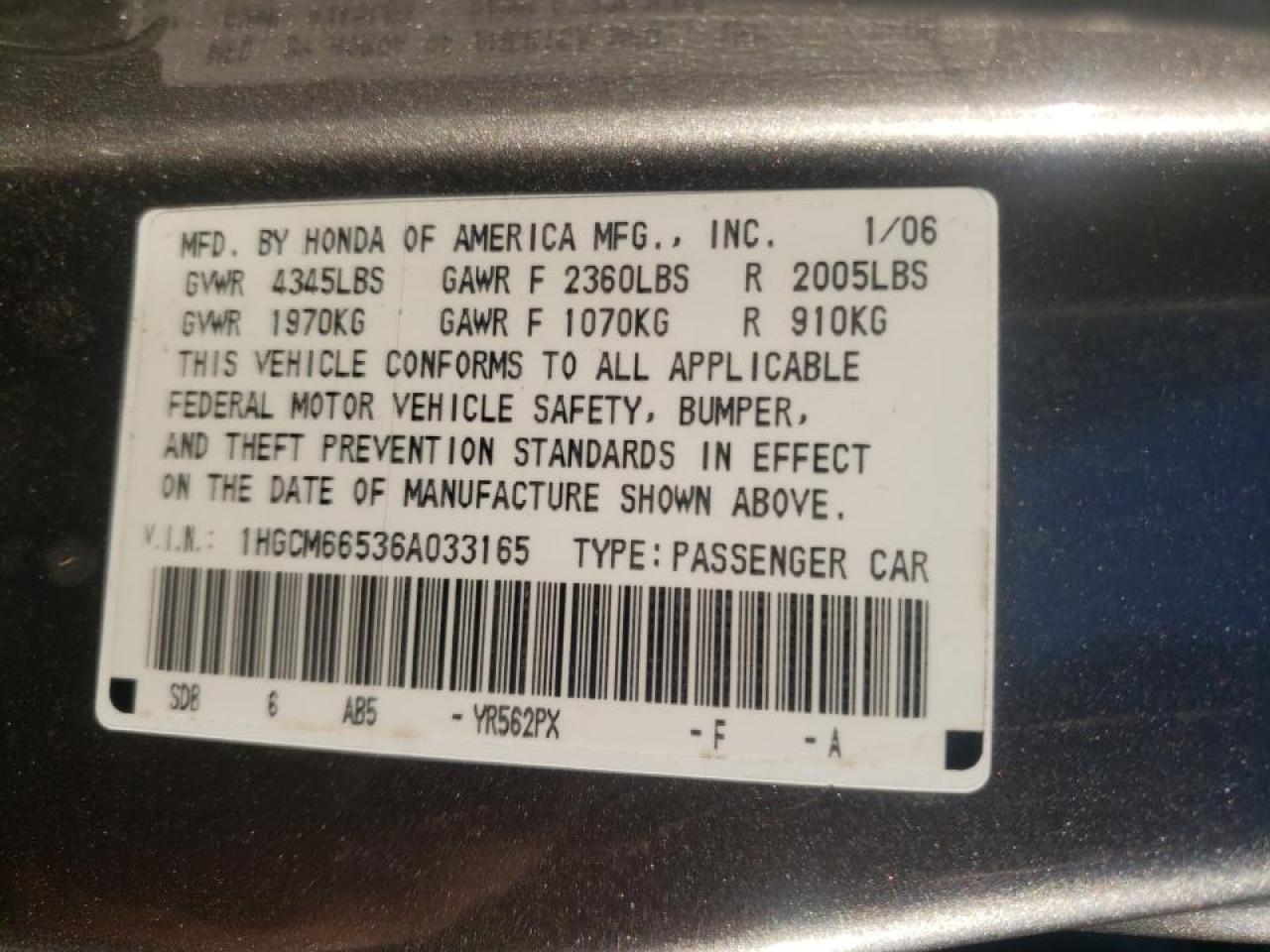 Photo 10 from auction – 2006 HONDA ACCORD EX with VIN 1HGCM66536A033165