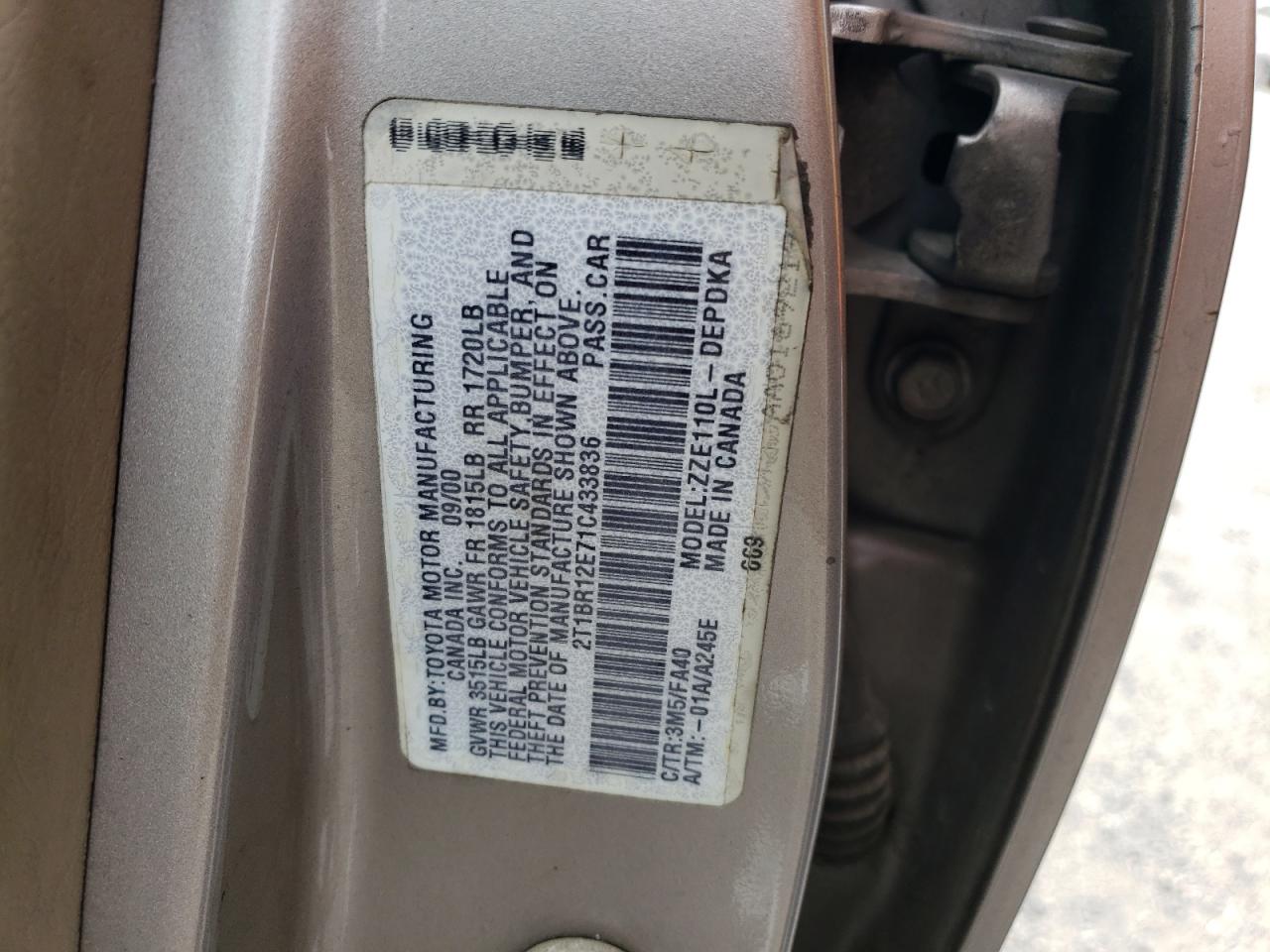 Photo 10 from auction – 2001 TOYOTA COROLLA CE with VIN 2T1BR12E71C433836