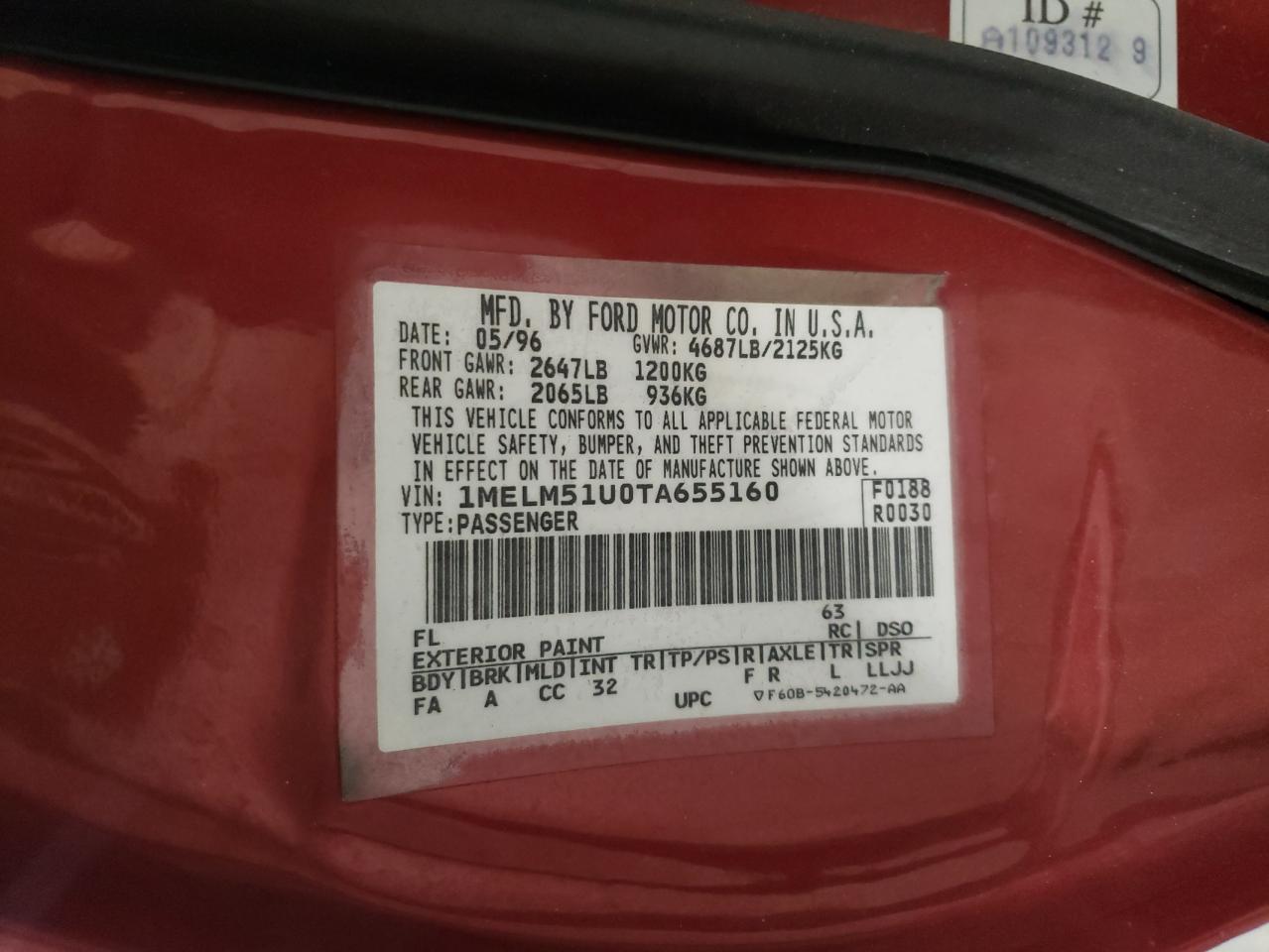 Photo 10 from auction – 1996 MERCURY SABLE G with VIN 1MELM51U0TA655160