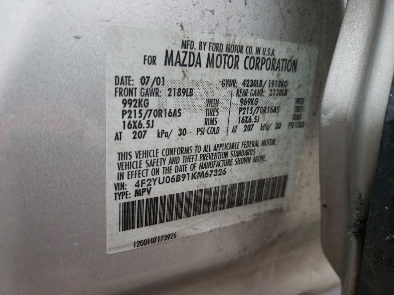 Photo 10 from auction – 2001 MAZDA TRIBUTE DX with VIN 4F2YU06B91KM67326
