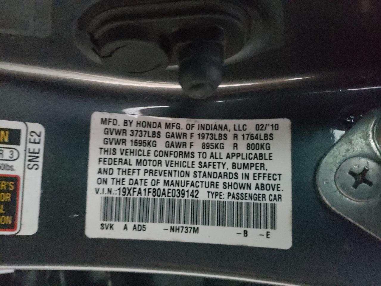 Photo 10 from auction – 2010 HONDA CIVIC EX with VIN 19XFA1F80AE039142