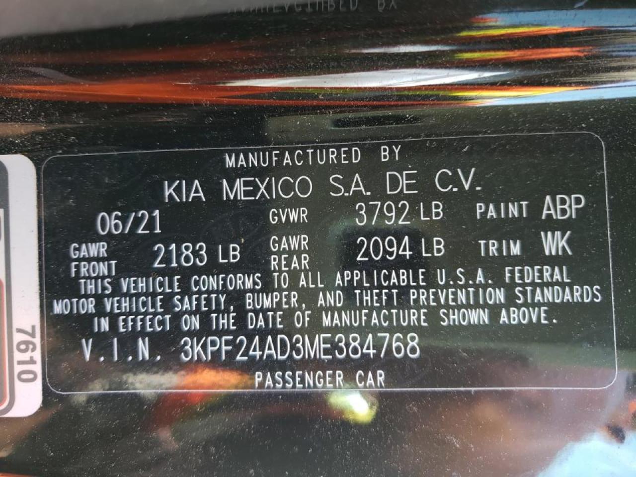 Photo 10 from auction – 2021 KIA FORTE FE with VIN 3KPF24AD3ME384768