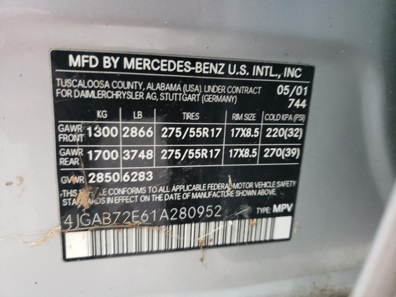 Photo 10 from auction – 2001 MERCEDES-BENZ M-CLASS with VIN 4JGAB72E61A280952