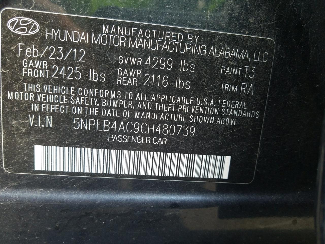 Photo 10 from auction – 2012 HYUNDAI SONATA GLS with VIN 5NPEB4AC9CH480739