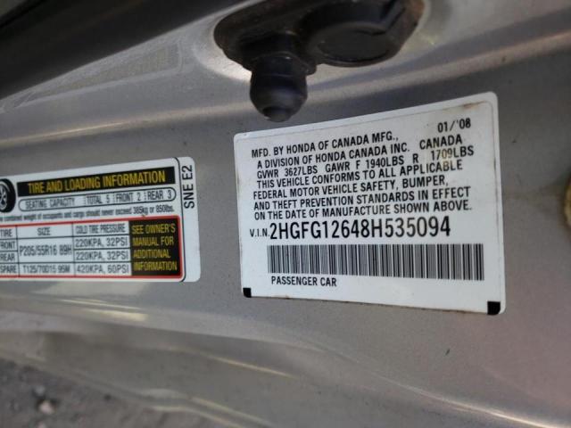 Photo 10 from auction – 2008 HONDA COUPE with VIN 2HGFG12648H535094
