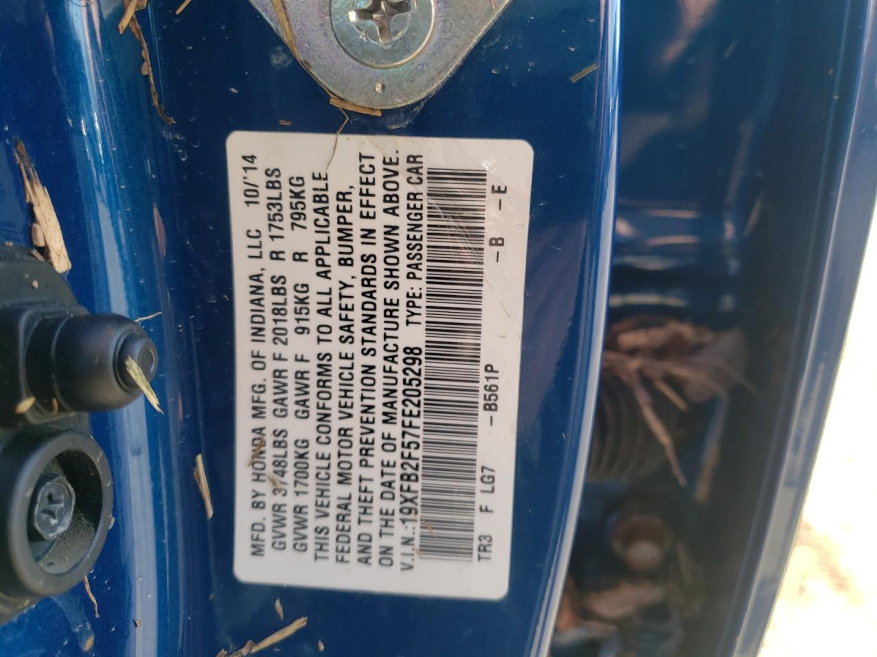 Photo 10 from auction – 2015 HONDA CIVIC LX with VIN 19XFB2F57FE205298
