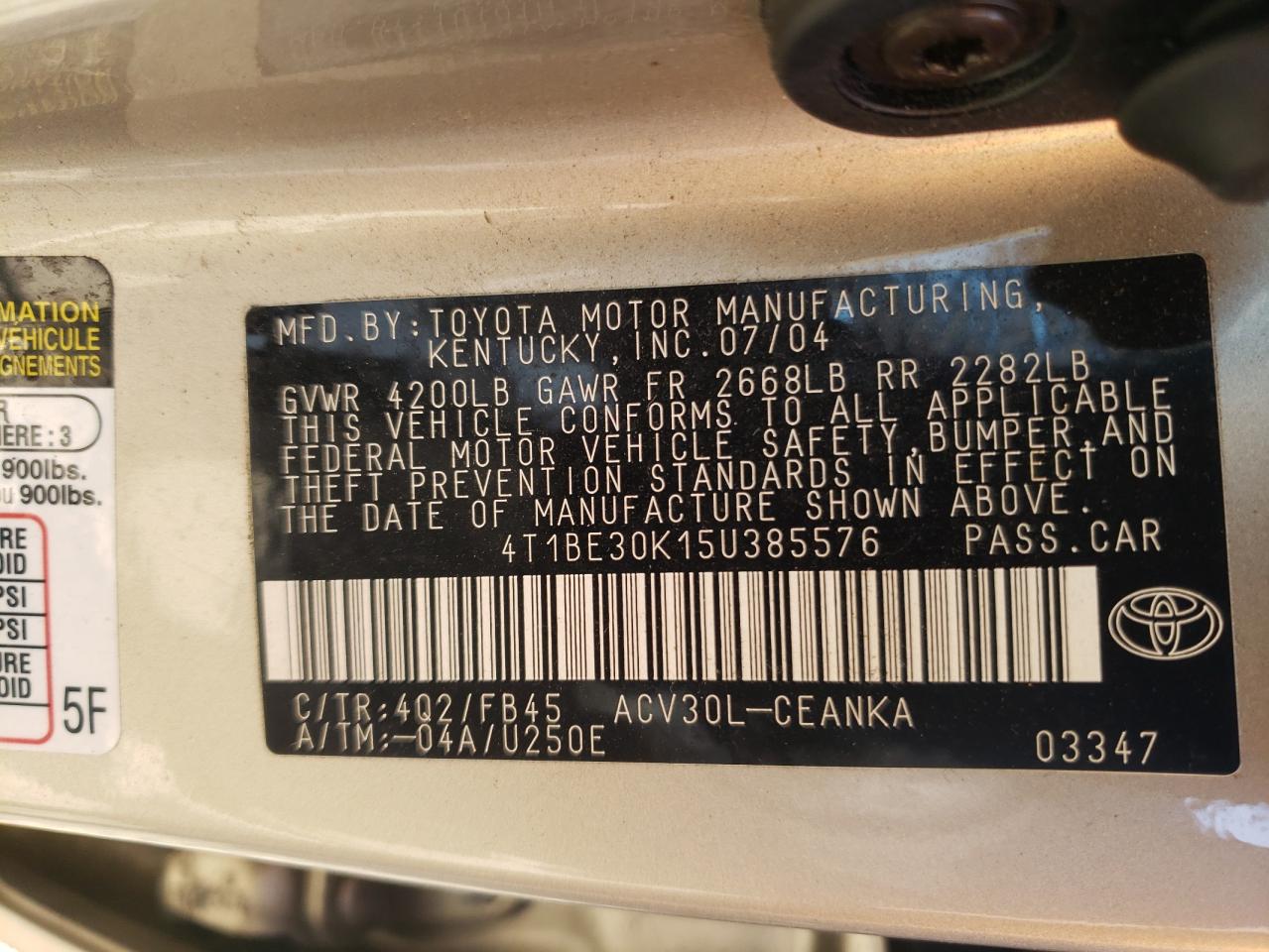 Photo 10 from auction – 2005 TOYOTA CAMRY LE with VIN 4T1BE30K15U385576