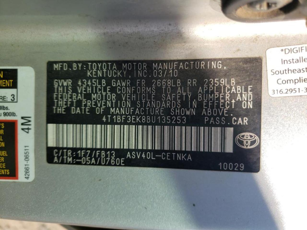 Photo 10 from auction – 2011 TOYOTA CAMRY BASE with VIN 4T1BF3EK8BU135253
