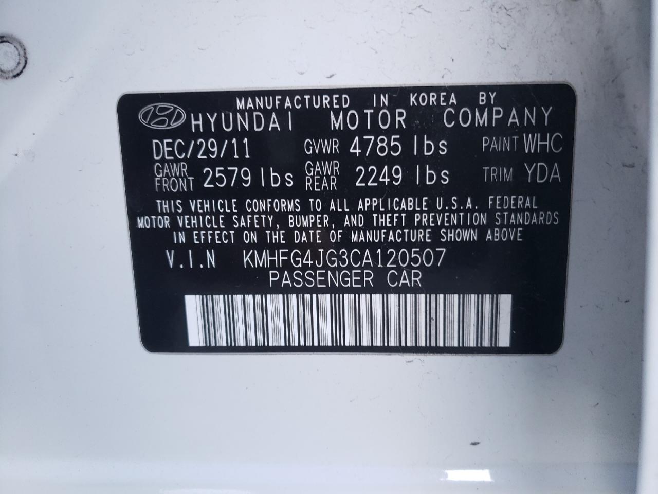 Photo 10 from auction – 2012 HYUNDAI AZERA GLS with VIN KMHFG4JG3CA120507