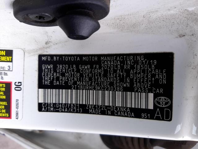 Photo 10 from auction – 2019 TOYOTA COROLLA L with VIN 2T1BURHE9KC230386