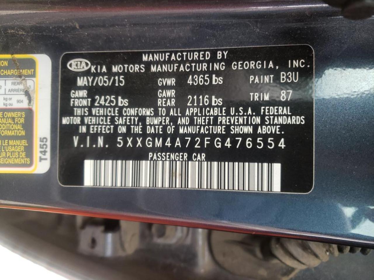 Photo 10 from auction – 2015 KIA OPTIMA LX with VIN 5XXGM4A72FG476554