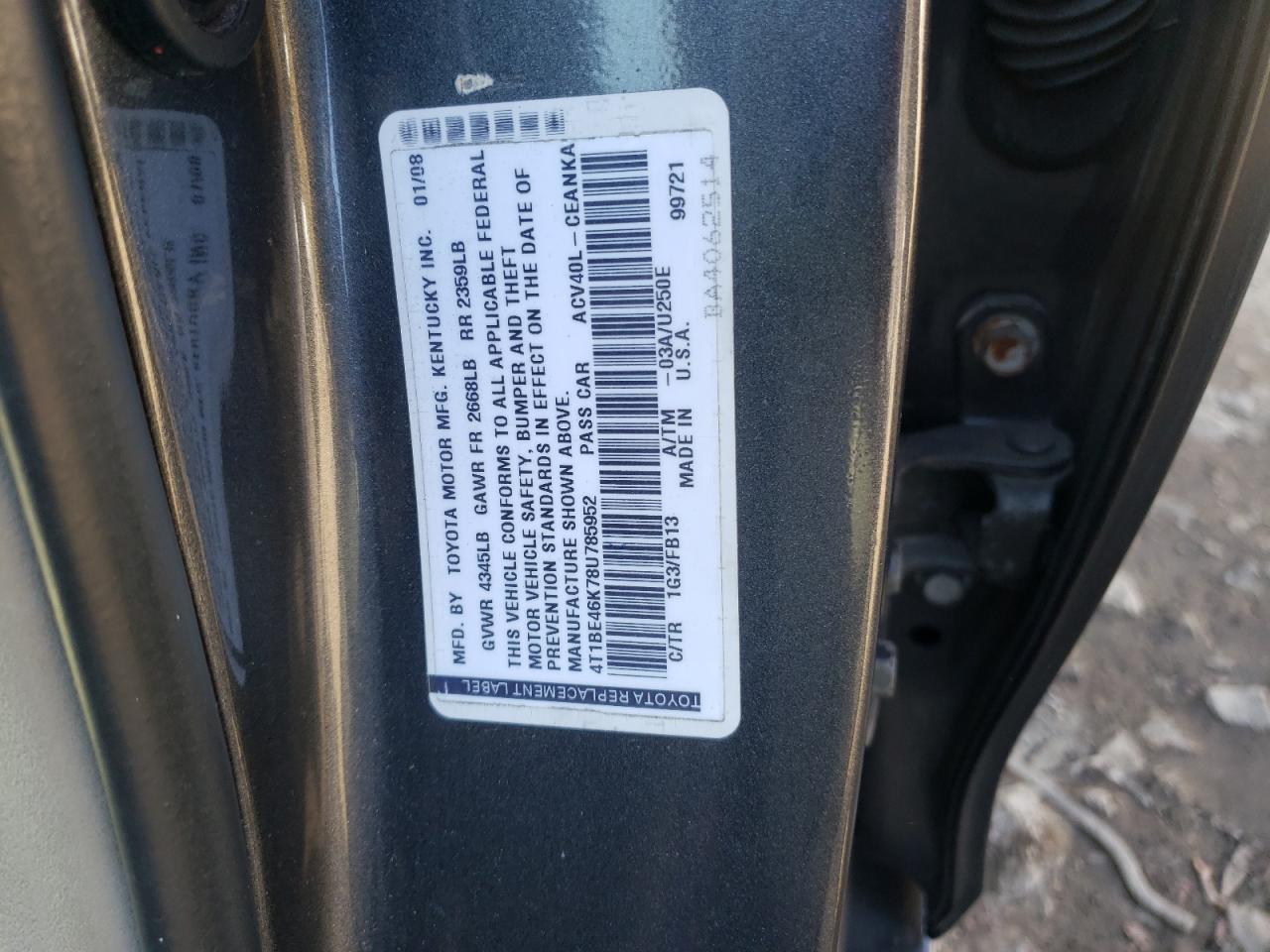 Photo 10 from auction – 2008 TOYOTA CAMRY CE with VIN 4T1BE46K78U785952