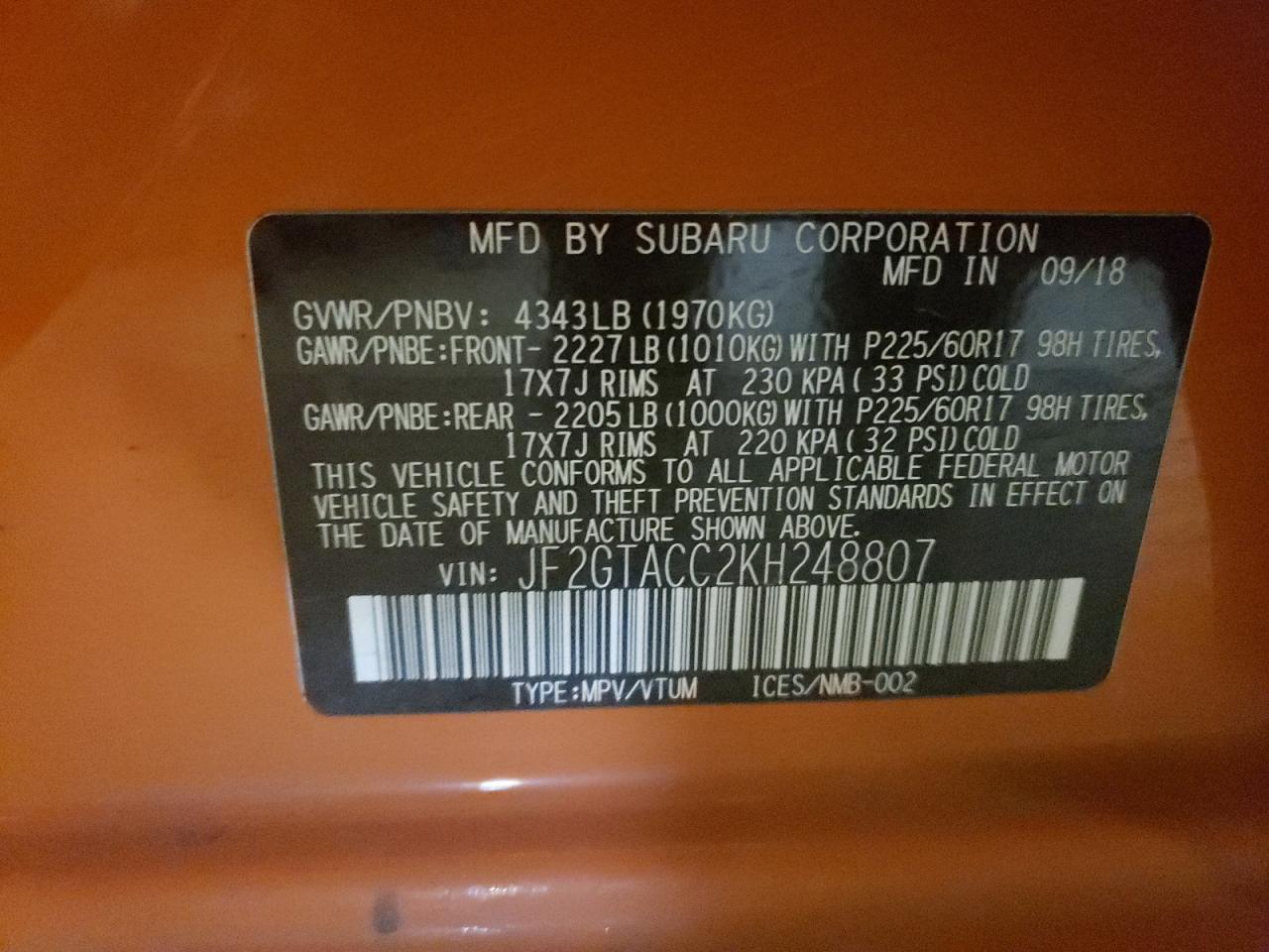 Photo 10 from auction – 2019 SUBARU CROSSTREK with VIN JF2GTACC2KH248807