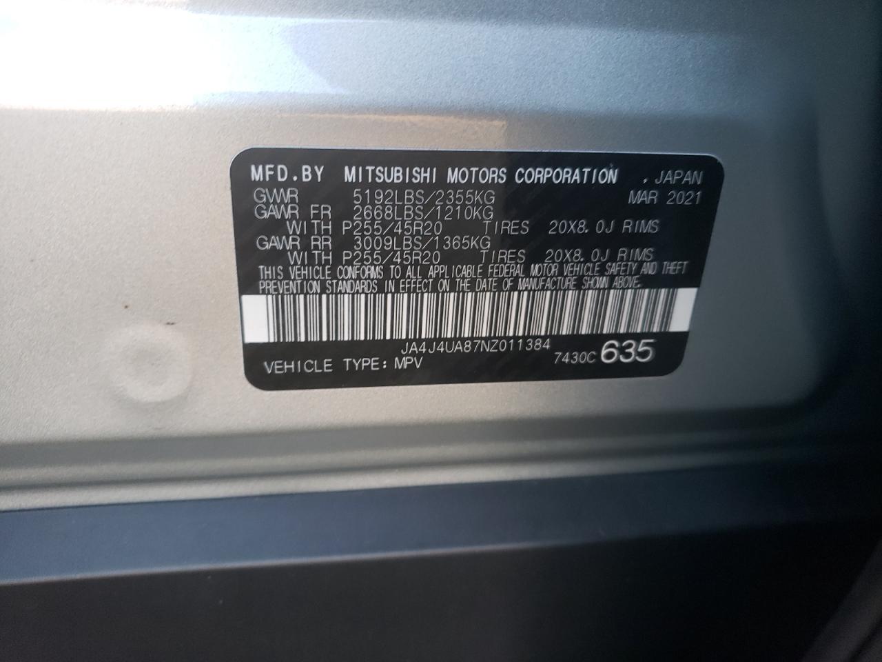 Photo 10 from auction – 2022 MITSUBISHI OUTLANDER with VIN JA4J4UA87NZ011384