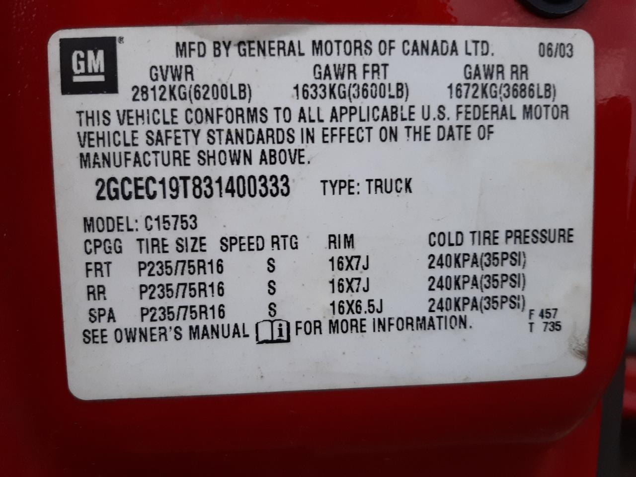 Photo 10 from auction – 2003 CHEVROLET SILVERADO with VIN 2GCEC19T831400333