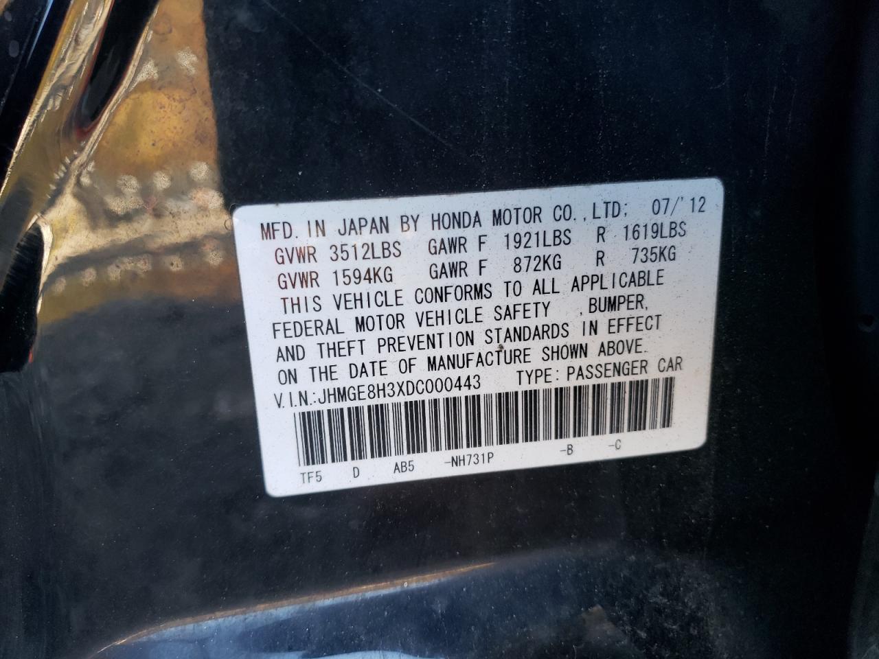 Photo 10 from auction – 2013 HONDA FIT with VIN JHMGE8H3XDC000443