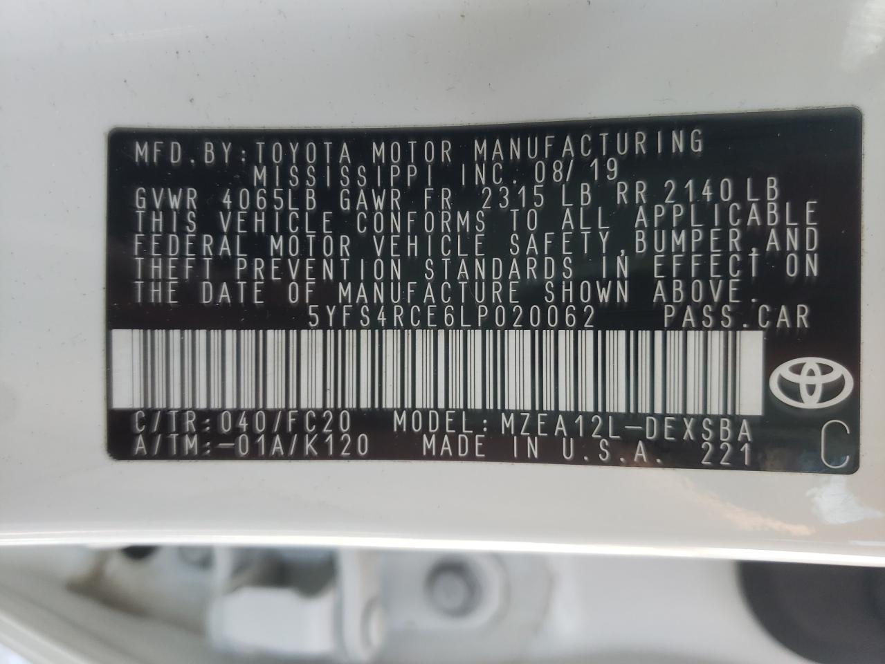 Photo 10 from auction – 2020 TOYOTA COROLLA SE with VIN 5YFS4RCE6LP020062