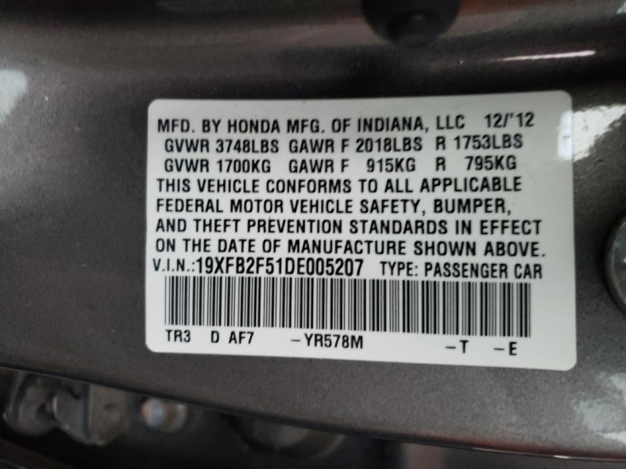 Photo 10 from auction – 2013 HONDA CIVIC LX with VIN 19XFB2F51DE005207