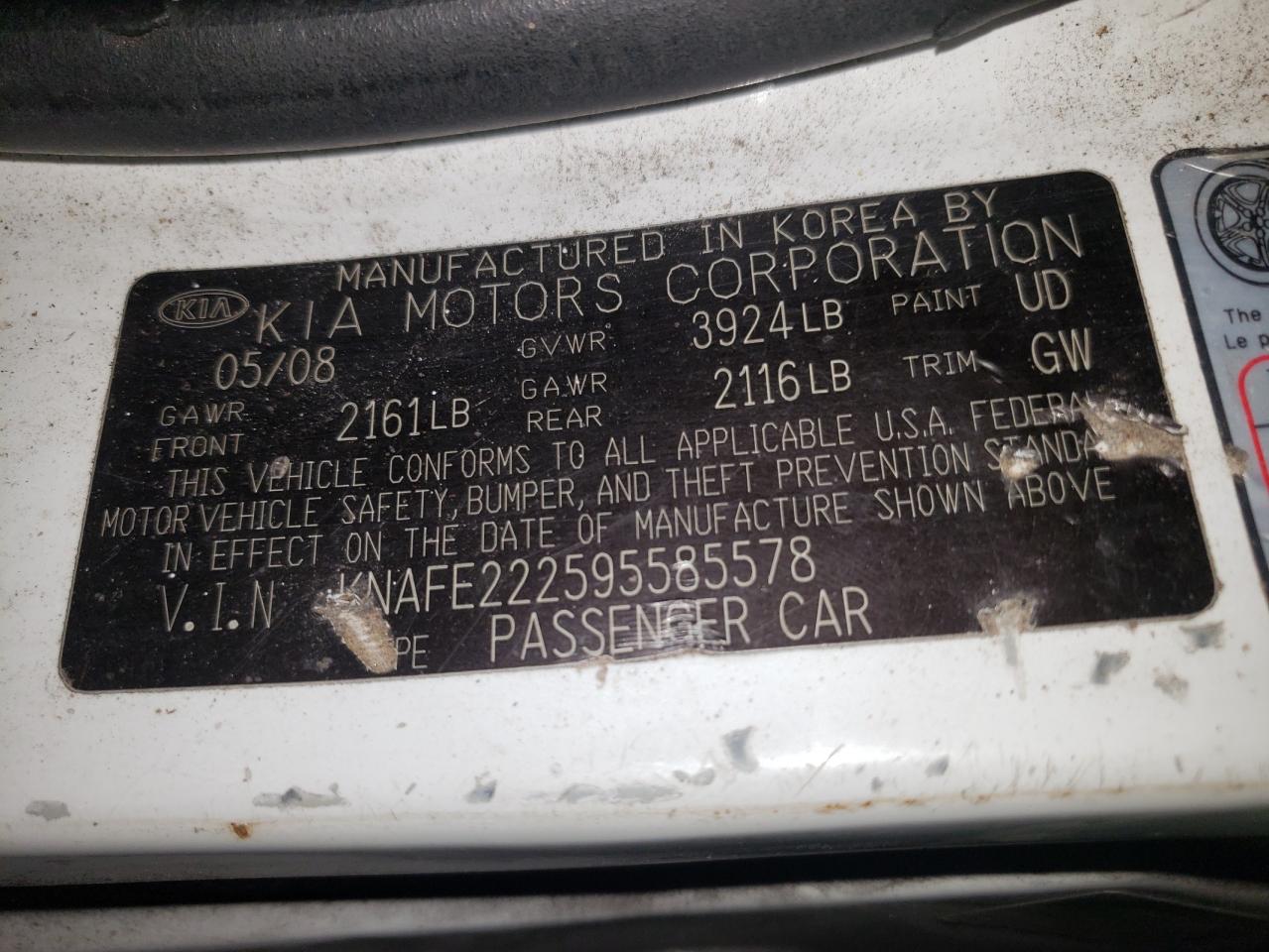 Photo 10 from auction – 2009 KIA SPECTRA EX with VIN KNAFE222595585578