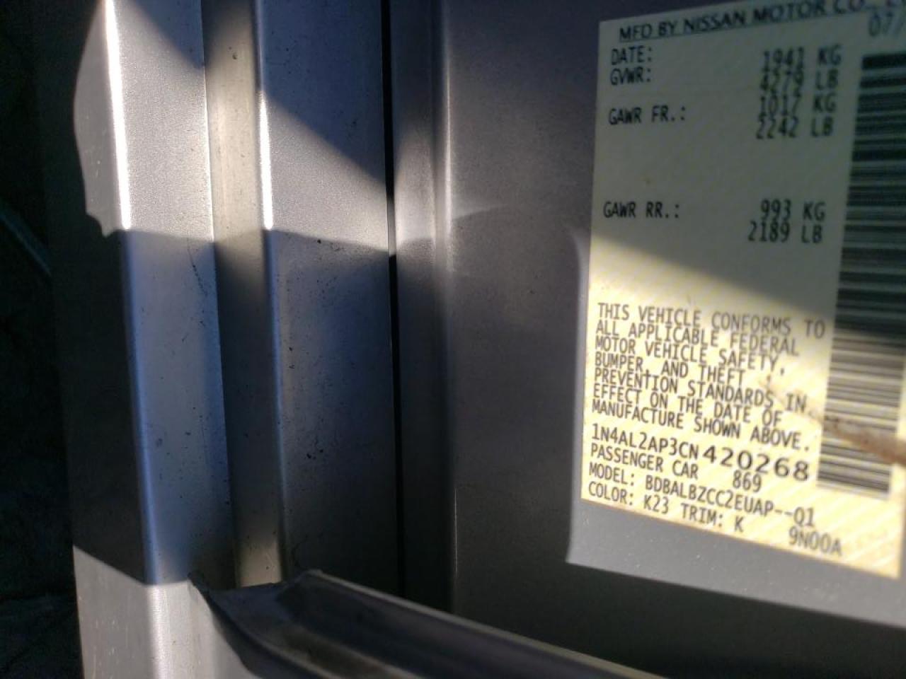 Photo 10 from auction – 2012 NISSAN ALTIMA BAS with VIN 1N4AL2AP3CN420268