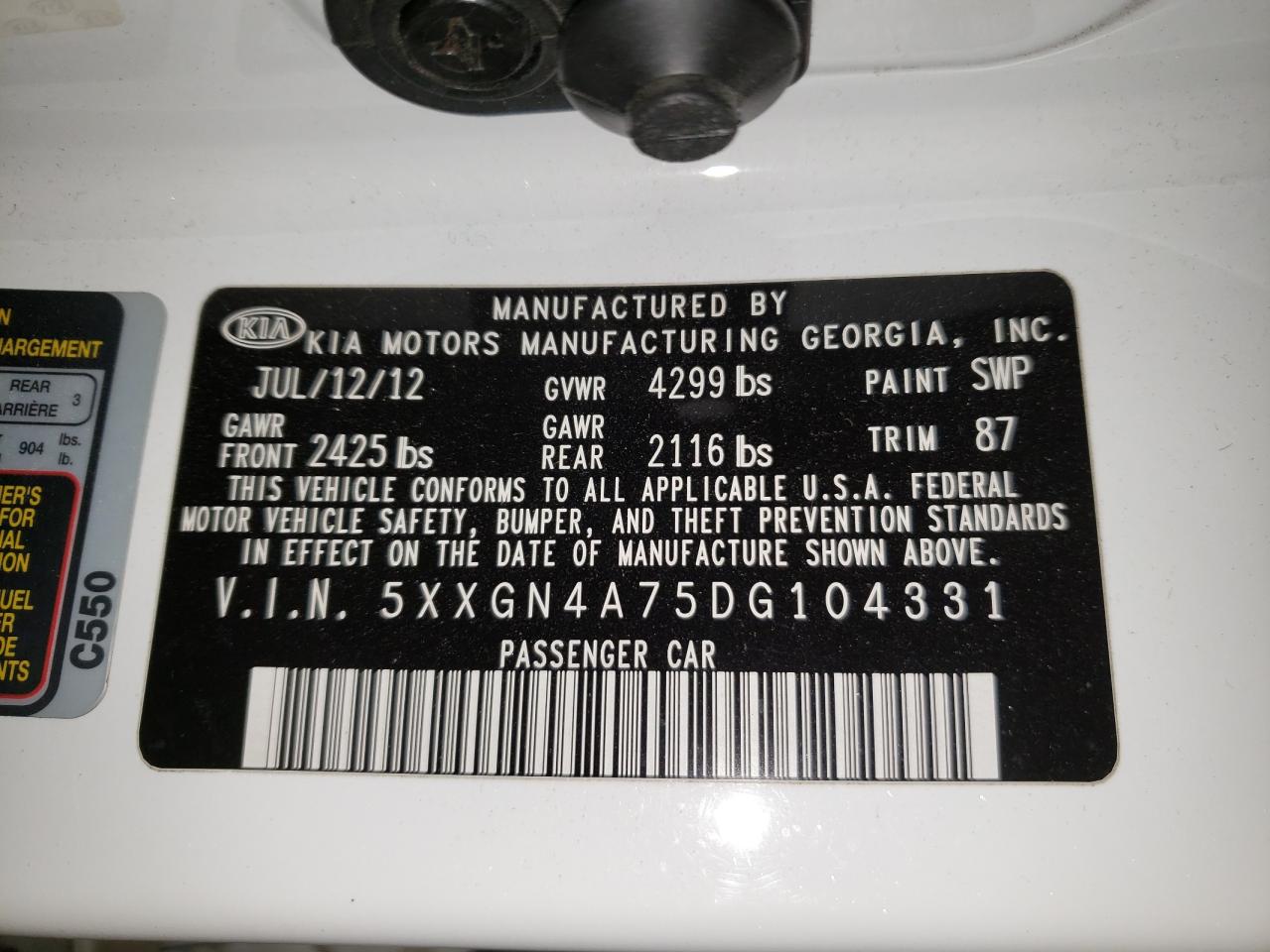 Photo 10 from auction – 2013 KIA OPTIMA EX with VIN 5XXGN4A75DG104331