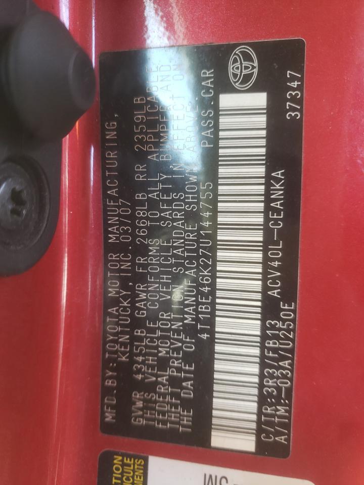 Photo 10 from auction – 2007 TOYOTA CAMRY with VIN 4T1BE46K27U144755