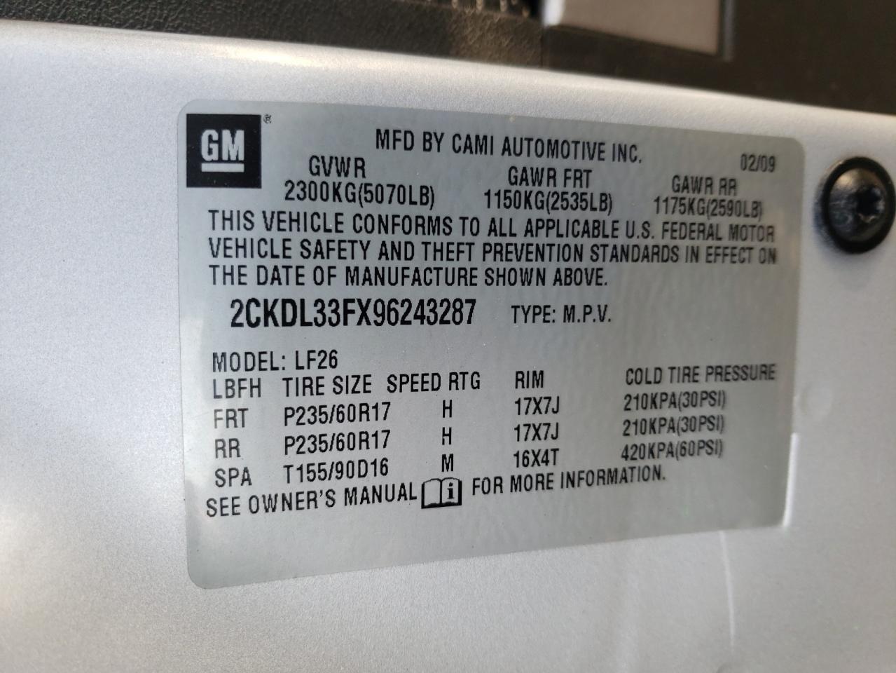 Photo 10 from auction – 2009 PONTIAC TORRENT with VIN 2CKDL33FX96243287