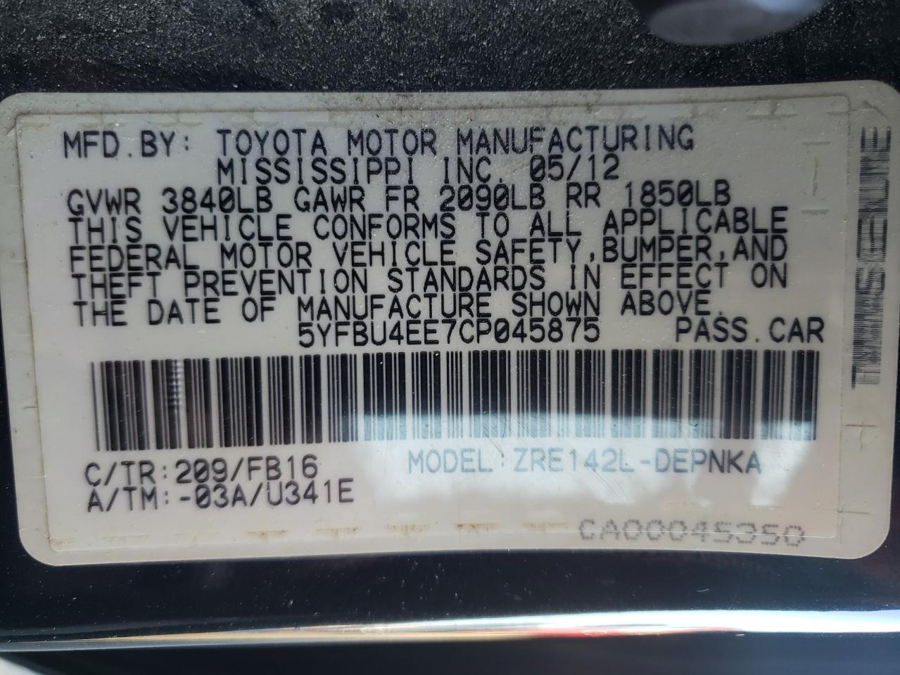 Photo 10 from auction – 2012 TOYOTA COROLLA BA with VIN 5YFBU4EE7CP045875
