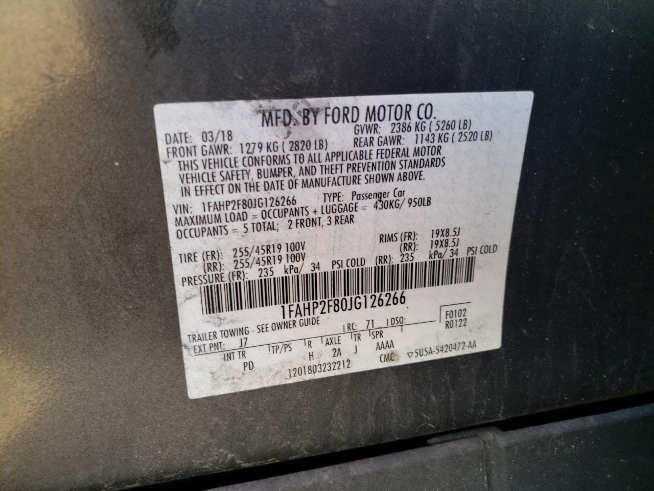 Photo 11 from auction – 2018 FORD TAURUS LIM with VIN 1FAHP2F80JG126266