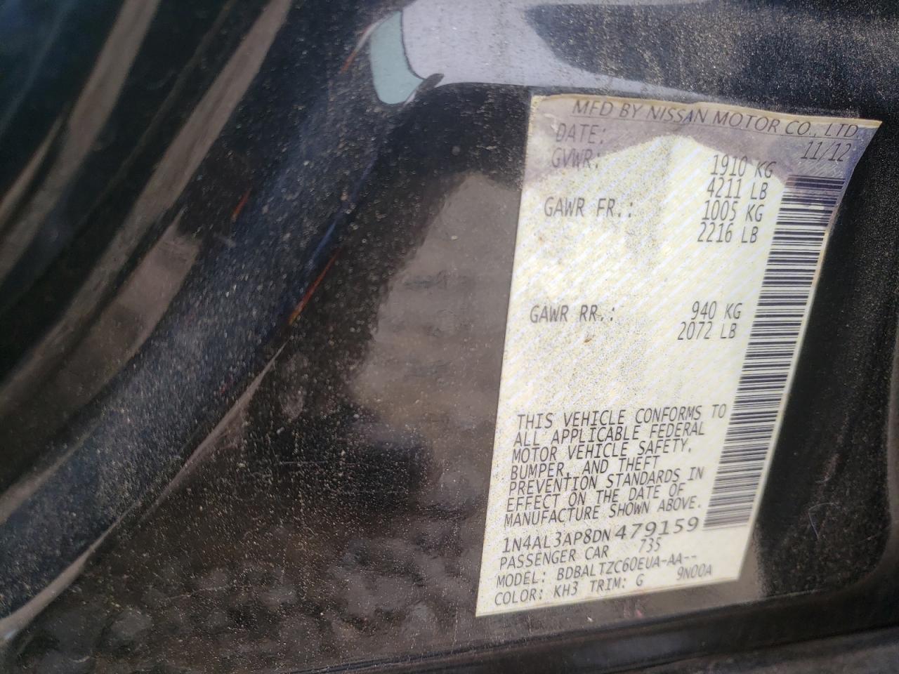 Photo 10 from auction – 2013 NISSAN ALTIMA 2.5 with VIN 1N4AL3AP8DN479159