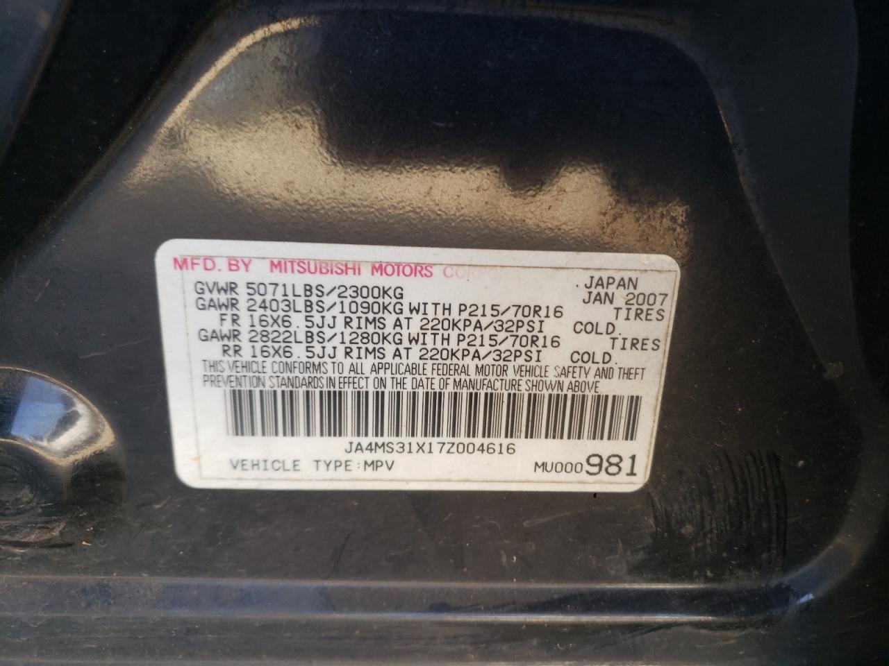 Photo 10 from auction – 2007 MITSUBISHI OUTLANDER with VIN JA4MS31X17Z004616