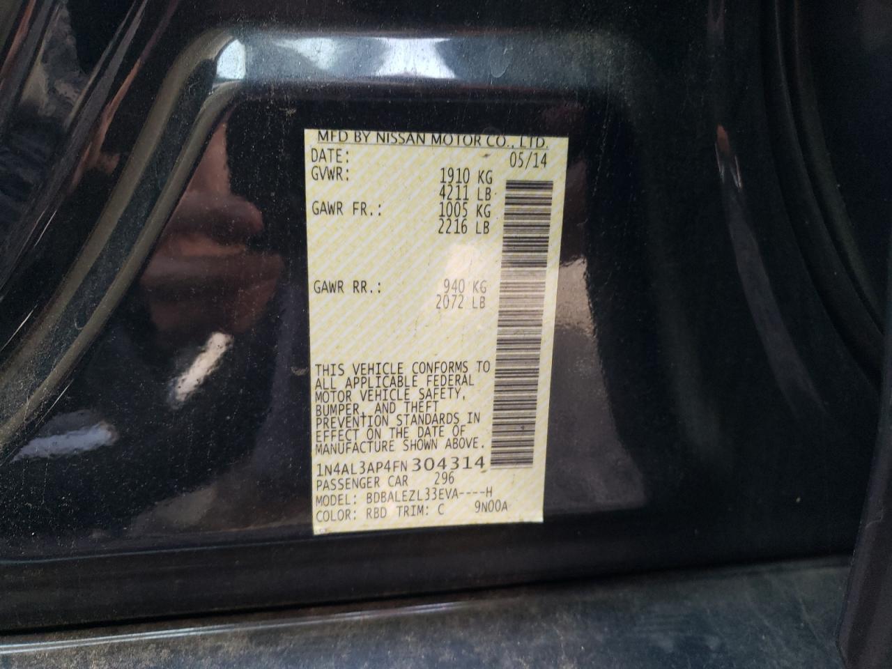 Photo 10 from auction – 2015 NISSAN ALTIMA 2.5 with VIN 1N4AL3AP4FN304314