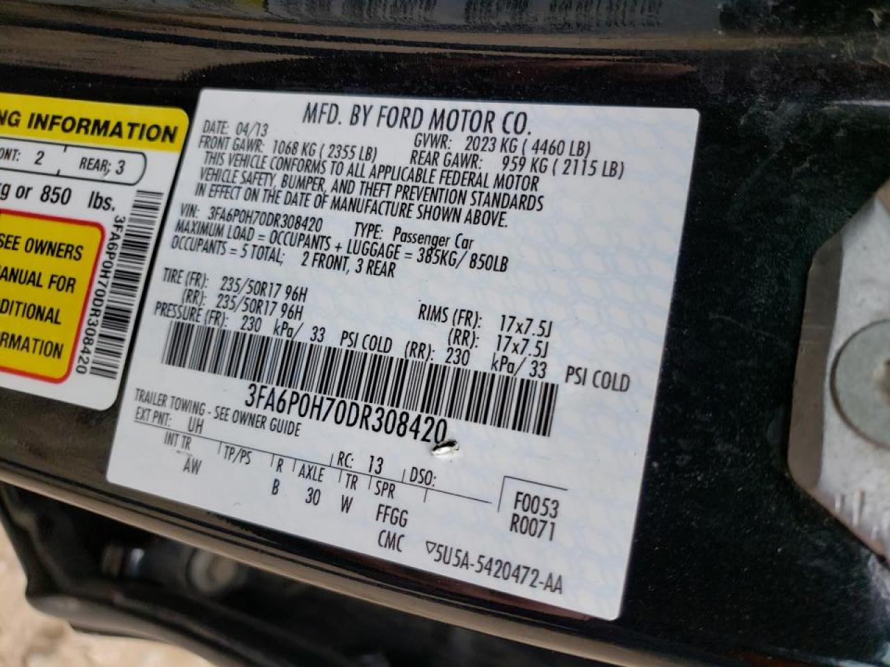 Photo 10 from auction – 2013 FORD FUSION SE with VIN 3FA6P0H70DR308420