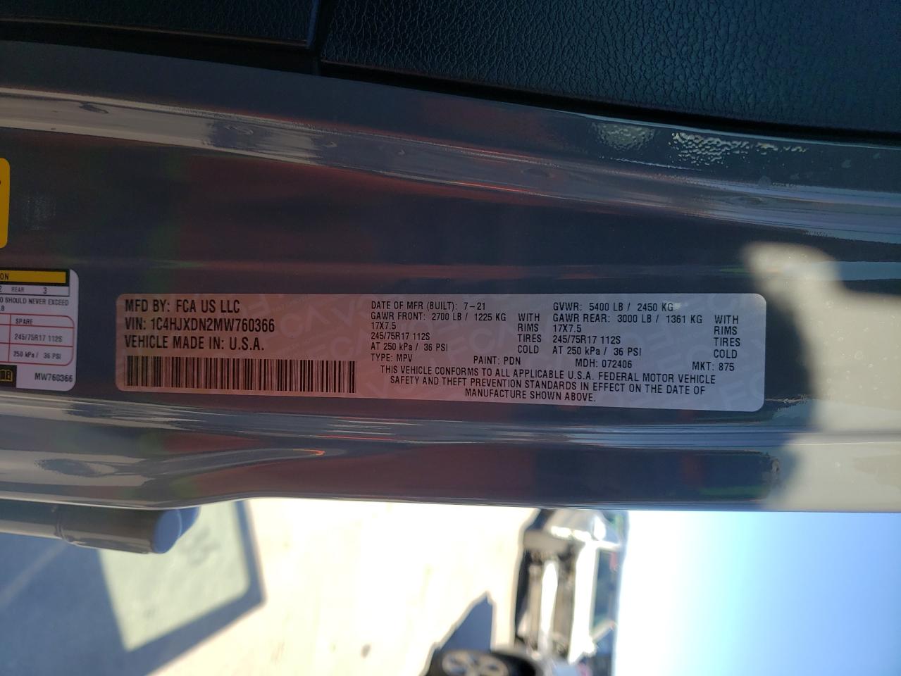 Photo 10 from auction – 2021 JEEP WRANGLER U with VIN 1C4HJXDN2MW760366