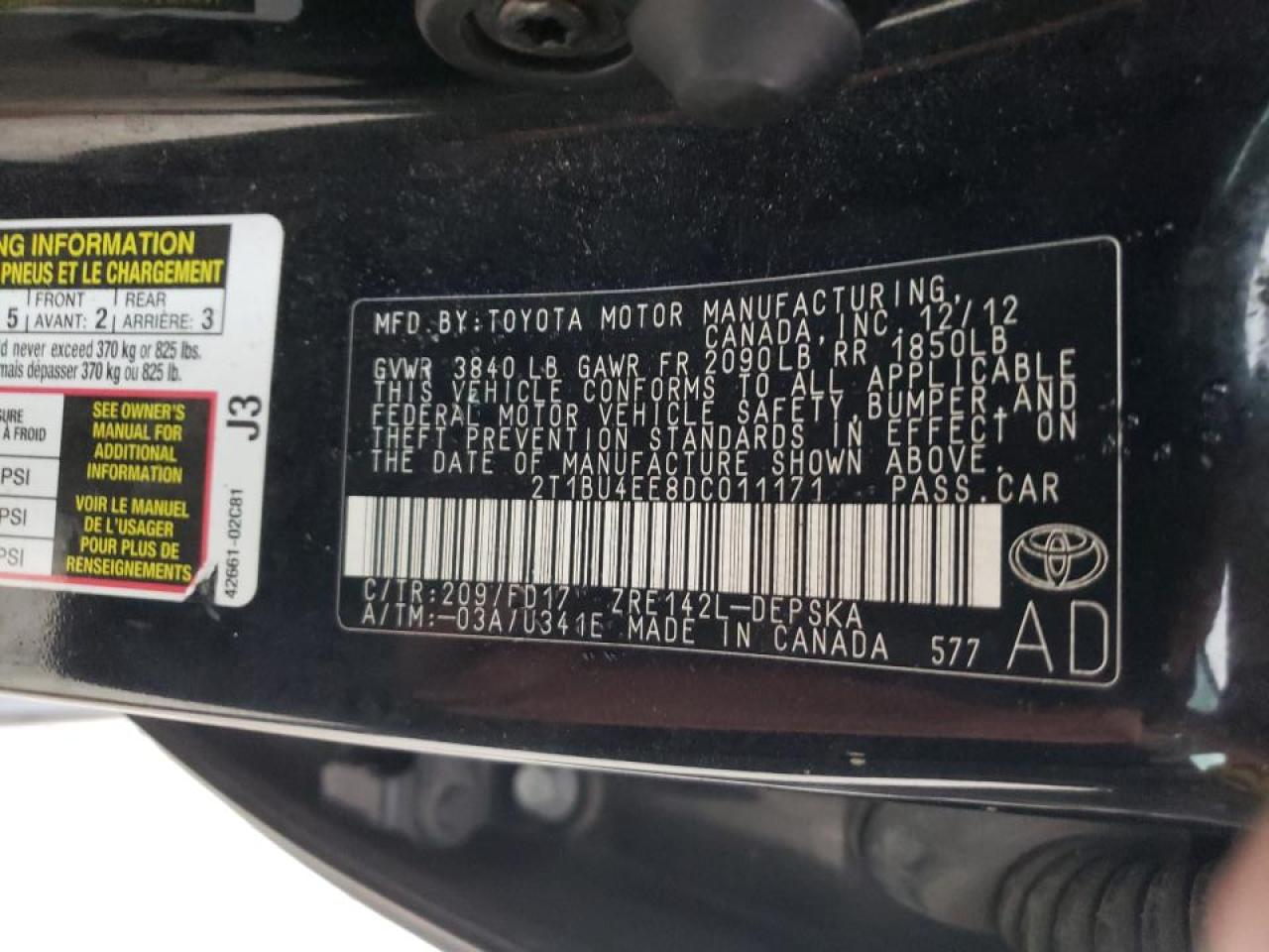 Photo 10 from auction – 2013 TOYOTA COROLLA BA with VIN 2T1BU4EE8DC011171