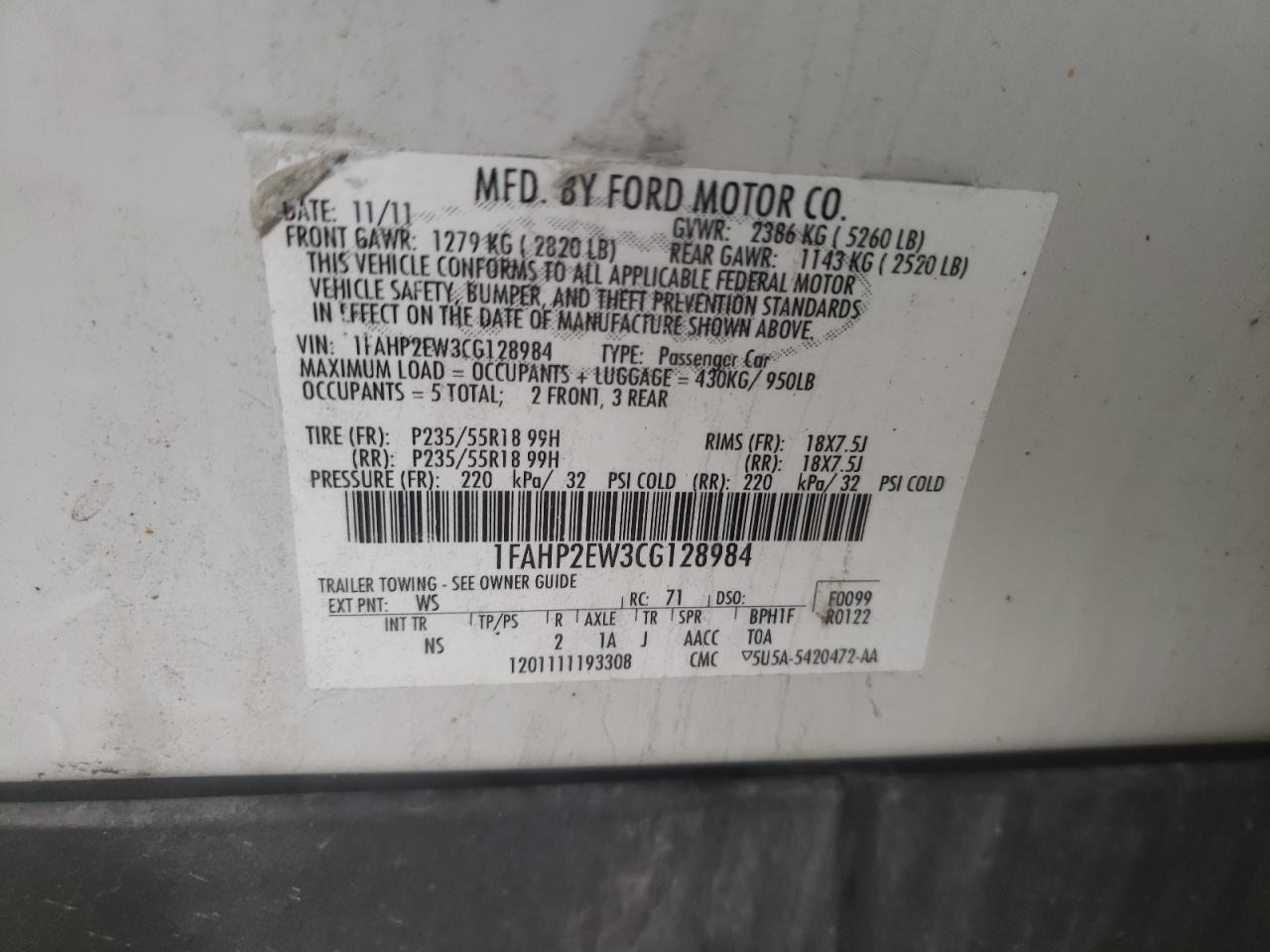 Photo 10 from auction – 2012 FORD TAURUS SEL with VIN 1FAHP2EW3CG128984