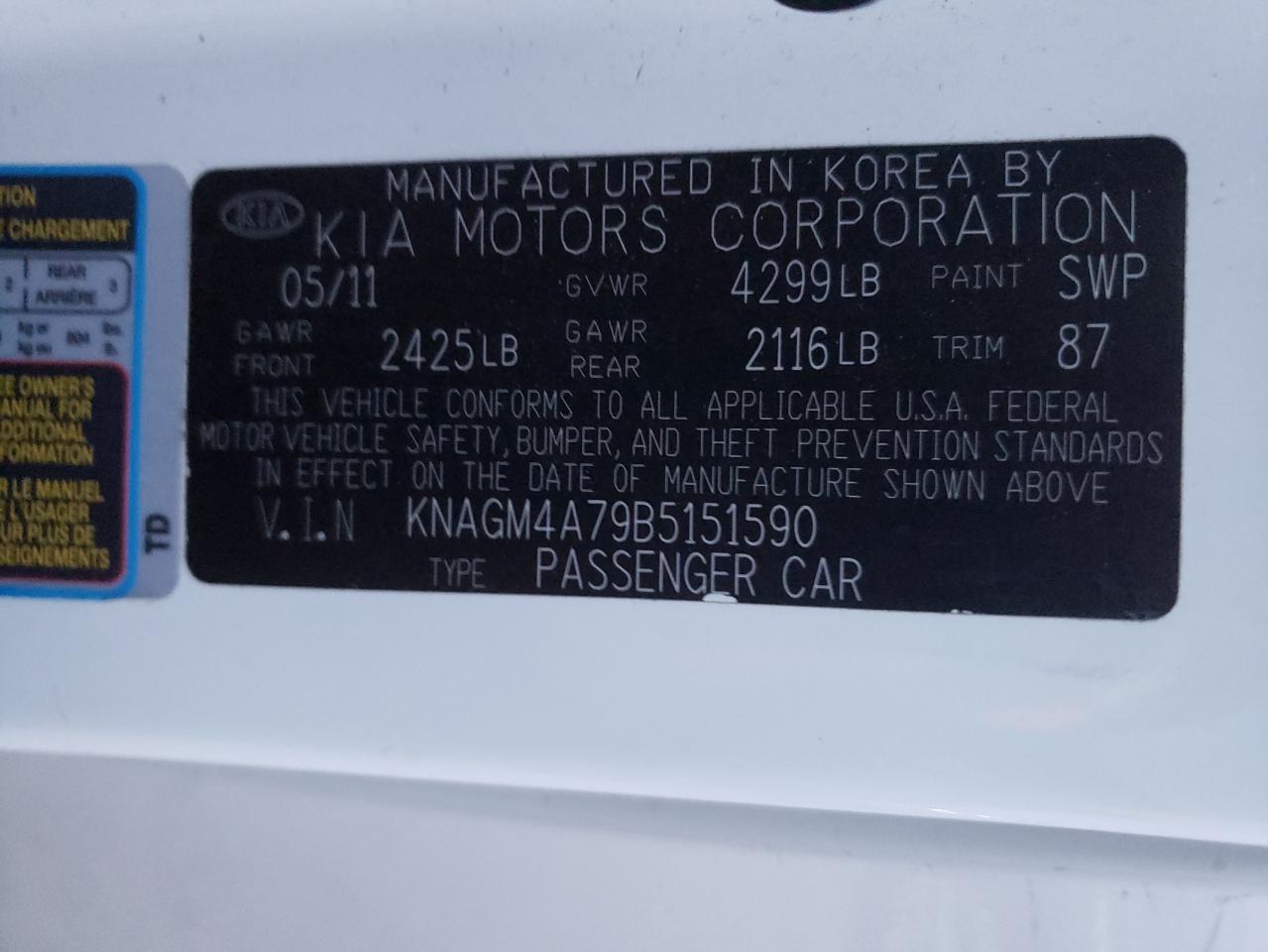 Photo 10 from auction – 2011 KIA OPTIMA LX with VIN KNAGM4A79B5151590