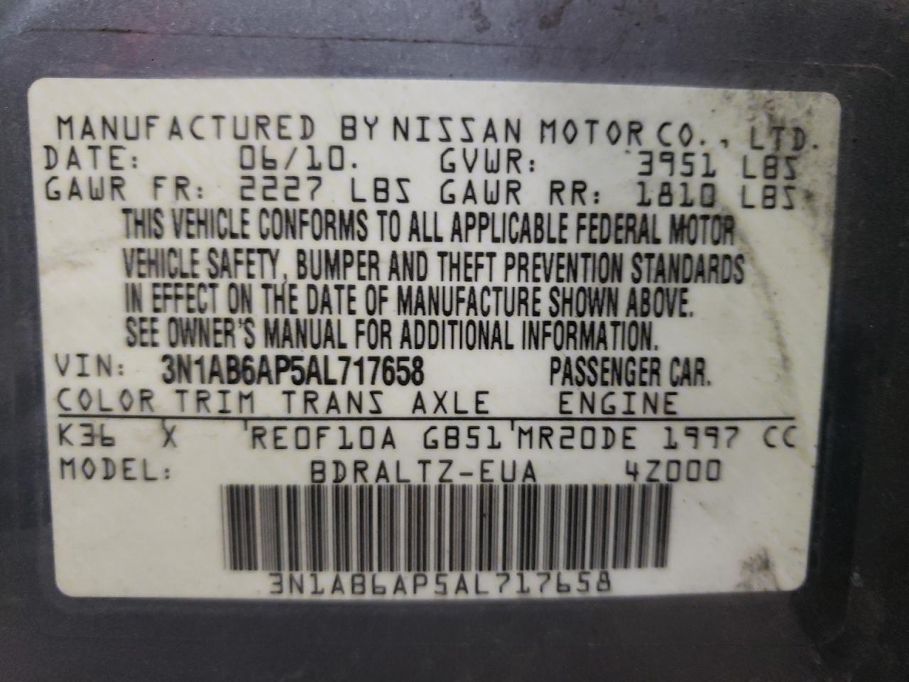 Photo 10 from auction – 2010 NISSAN SENTRA 2.0 with VIN 3N1AB6AP5AL717658