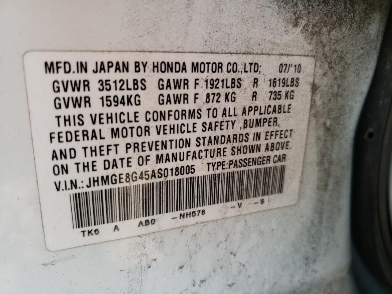 Photo 10 from auction – 2010 HONDA FIT with VIN JHMGE8G45AS018005